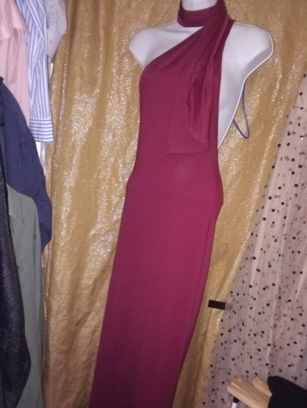 Elegant Satin One-Shoulder Burgundy Maxi Dress with Neck Scarf